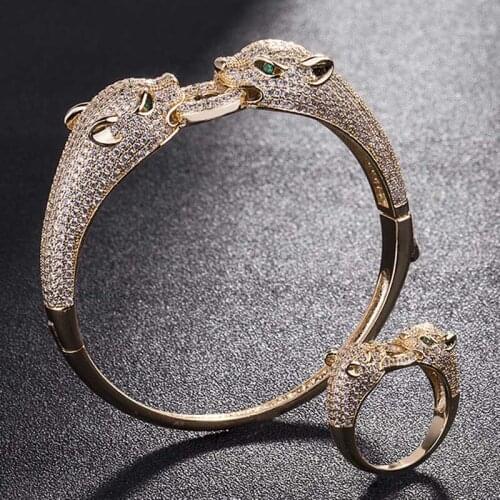 Two leopard Heads Animal Men bangle Jewelry Sets Metal Copper Bangles&Ring Bridal Jewelry Sets Cubic Bracelet Accessory Sets
