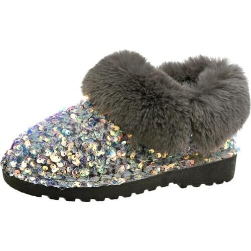 New Fur Shoes For Women Winter Warm Boots Antiskid Outsole Lady Plush Snow Boots Shiny Brand Fashion Style Slip-on Ankle Boots