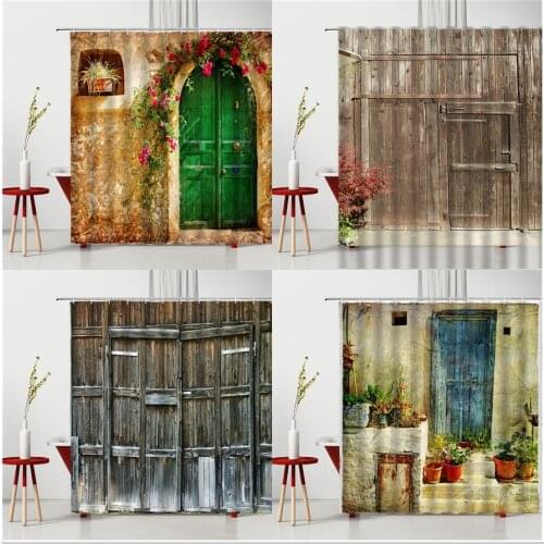 Retro Art Design Bathroom Shower Curtains European Style Shabby Flower Wood Door Plant Printed Home Decor Bath Hanging Curtain