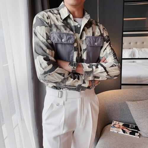 Hot Autumn Double Pockets Decor Letter Print Long Sleeve Shirt Men Clothing Simple 100% Cotton Regular Fit Casual Chemise Homme