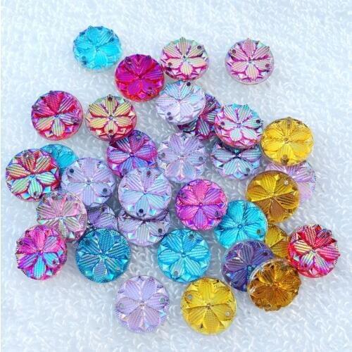 DIY 300pcs 15mm AB color flower shape resin rhinestones Sew on crystal flatback gemstones Clothes Dress Crafts 2 holes-A99*5