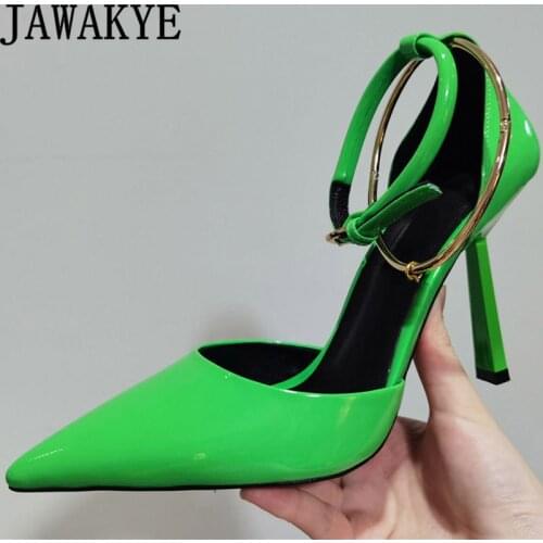 Sexy Pointy toe Slim High Heel Shoes Women Ankle Buckle Design Shiny Leather Pumps Summer Luxury Brand Dress party Shoes mujer