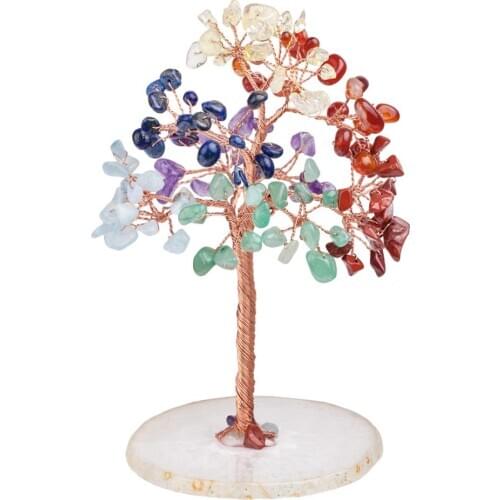TUMBEELLUWA 7 Chakra Crystal Money Tree on Natural Onyx Slice Healing Tumbled Stone Bonsai Figurine Home Office Decor Lucky Gift