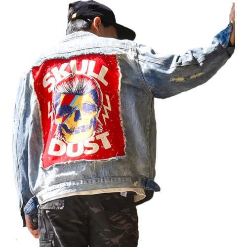 United States Street Casual Men Outwear Rock Skull Denim Jacket Vintage Hole Patch Designs Leisure Cowboy Coat Outerwear