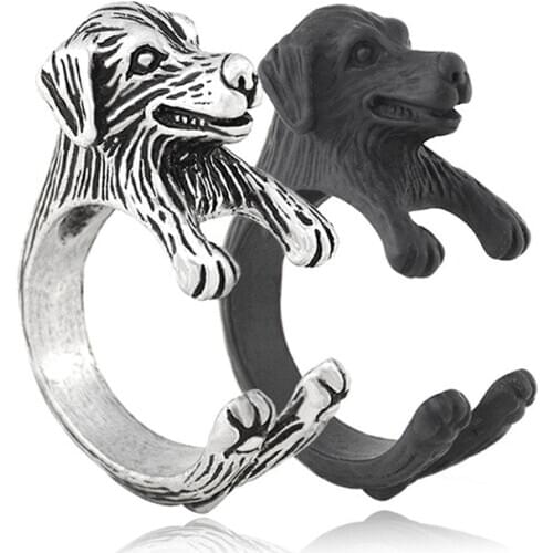 Vintage Silver Color Black Golden Retriever Puppies Dog Shape Wrap Ring For Women Girls Anel Boho Animal Pet Ring Men Jewelry