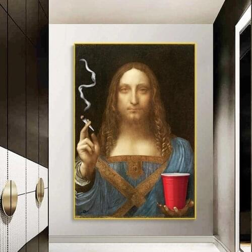 Fun Art Salvator Mundi Smoking Wall Art Canvas Paintings Reproductions By Leonardo Da Vinci Famous Canvas Prints for Living Room