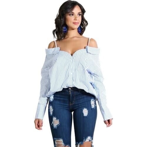 Women Blue Striped Blouse Long Sleeve Off the Shoulder Tops Shirt Sexy Summer Casual Loose Blouses Button Up Shirts and Blouses