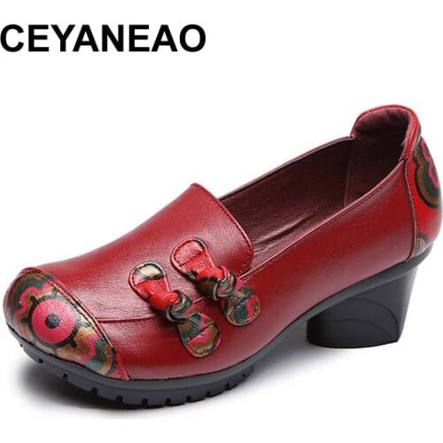 CEYANEAO Ethnic Style Slip On Women Pumps Round Toe Graffiti High Heels Shoes Woman Genuine Leather Thick Heel Mother ShoesE1643