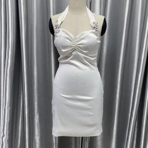 Women White Sexy Bodycon Dress Satin Club Party Detachable Diamonds Backless Mini Halter Dress
