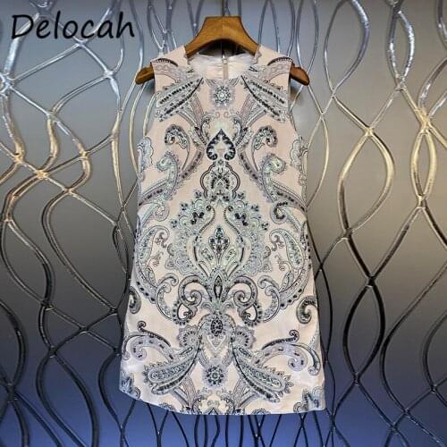 Seifrmann New 2021 Autumn Women Fashion Designer Party Midi Dress Sleeveless Gorgeous Beading Vintage Printed A-Line Dresses