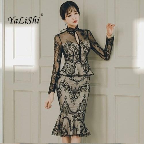 Office Long Sleeves Bandage Dress Bodycon Vintage Sexy Party Club Dresses Winter Womens 2020 Vestidos Black Lace Mermaid Dress