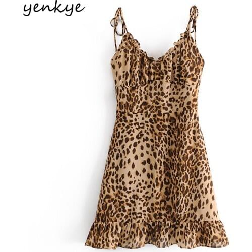 YENKYE Vintage Leopard Print Sling Dress Women V Neck Sleeveless A-line Mini Dress Female Summer Chiffon Sexy Robe