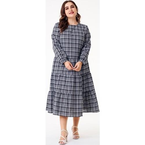 Women Loose Casual Midi Dresses Plus Size 5XL O Neck Black White Plaid Long Sleeve Arab Style Larg Casual Vintage Robe