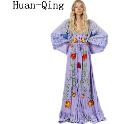 High Quality Women Vintage Flowers Embroidery Bohemian Elastic Waist Long Dress Robe Femme V-Neck Party Maxi Dresses Vestidos