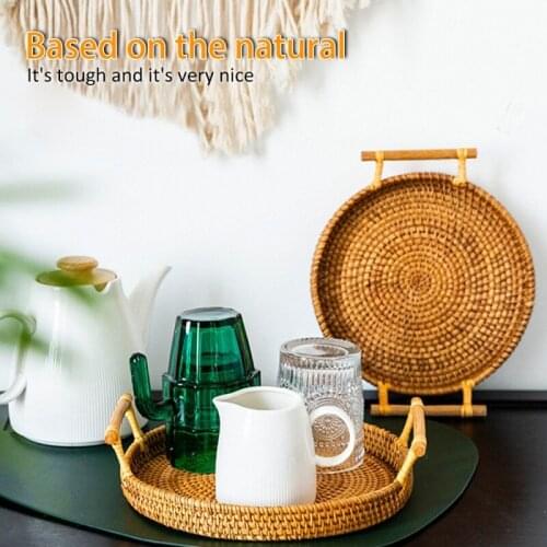 1Pcs Breakfast Display Round Basket with Handle Hand-Woven Rattan Storage Tray S/M/L