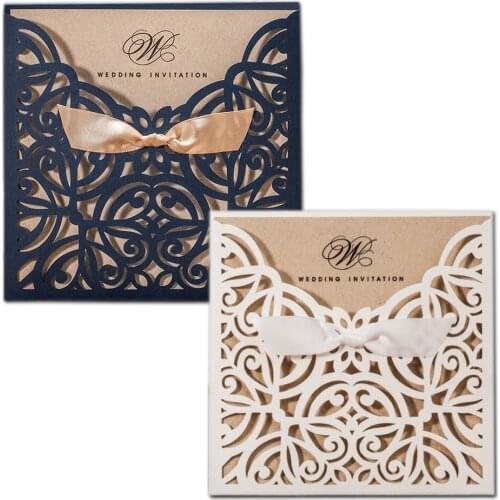 100Pcs Blank Blue Square Laser Cut Wedding Invitations Card Lot, Ribbon Bowknot Birthday Baby Shower Party Invites Card Paper