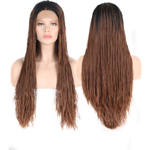 AIMEYA Dark Roots Ombre Brown 2X Twist Micro Braid Synthetic Lace Front Wig for Women Long Box Braided Two Tone 500pcs Lace Wigs