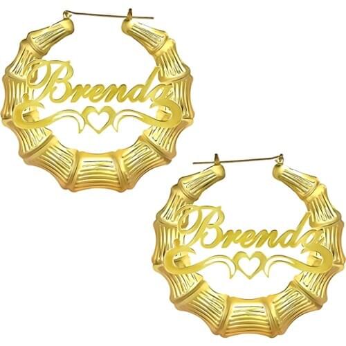 Large Name Customized Bamboo Hoop Earrings. Gold Plated Initial Earring,Personal Jewelry For Women