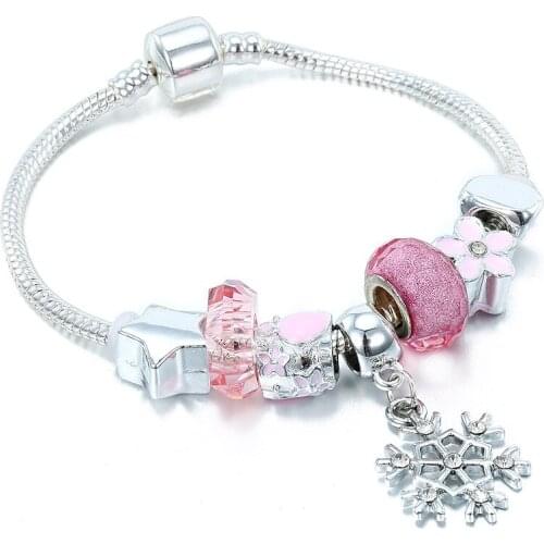 Pandora-style Pink Crystal Big Hole Beaded Bracelet Creative Color Preserving DIY Snowflake Bracelet