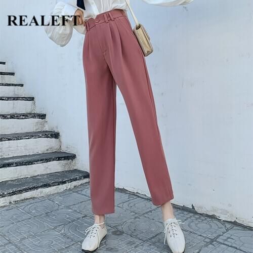 REALEFT 2021 New Spring Korean OL Style Women Formal Pants Pockets High Waist Elegant Office Lady Ankle-Length Pants Ladies