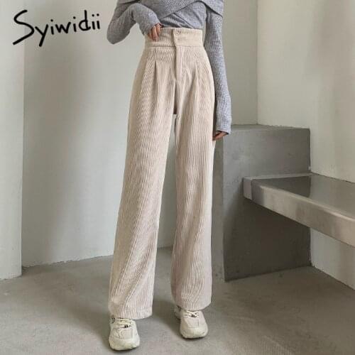 Syiwidii Corduroy Pants for Women Autumn Winter 2021 High Waisted Button Straight Wide Leg Trousers High Fashion Black Purple