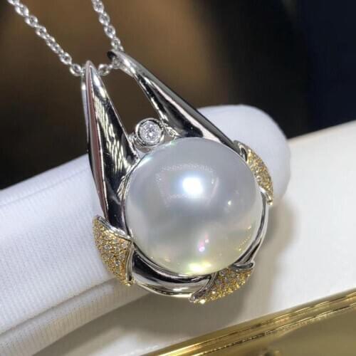 D430 Pearl Pendant Fine Jewelry Solid 18K Gold Diamonds Round 13-14mm Natural AU Sea Water White Pearls Pendants Necklaces