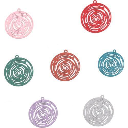 DoreenBeads 10 PCs Fashion Copper Charms Pendant Colorful Red Round Filigree Stamping Jewelry DIY Findings 29mm x 26mm