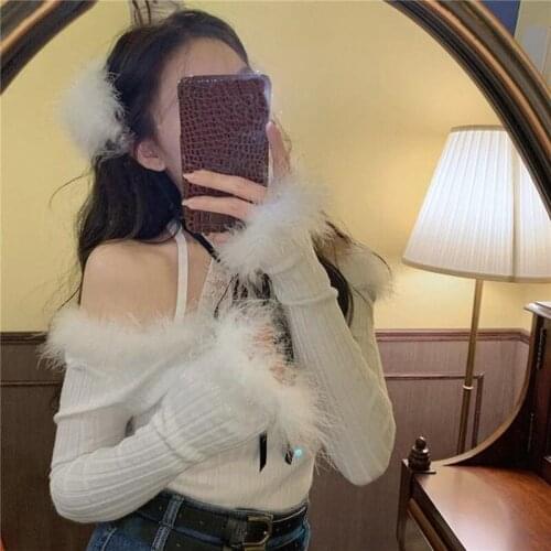Elegant Knitted Sweater Women 2021 Spring Long Sleeve Slim Thin Fur Sweet Pullover Female Korean Style V-Neck Basic Tops Ladies