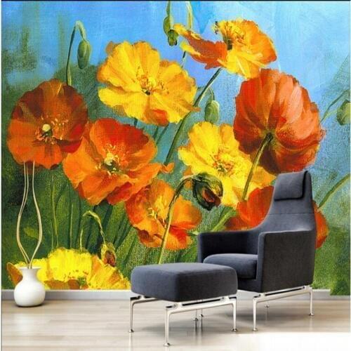 Custom Photo Wallpaper Beautiful Dreamy Romantic Fern Blooming Colorful Poppies Wallpaper Bedrooms Non-Woven Fabric Wall Mural