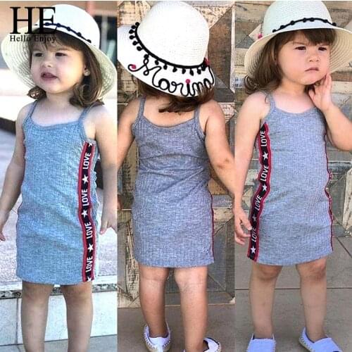 HE Hello Enjoy Summer Baby Girl Kids Vest Dress Sleeveless Strap Side Striped Letter Printed Party Dress Girl Child Slim Dress