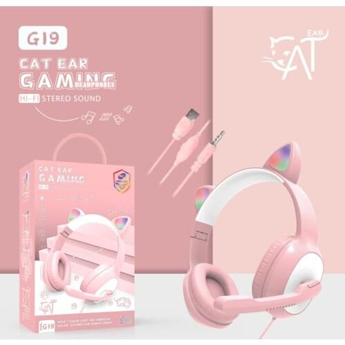 G19 Cat Ear Girl Gaming Headset With Mic Noise Cancelling Stereo Music Helmet RGB Flash Light Kid Girl Phone Wired Headphones