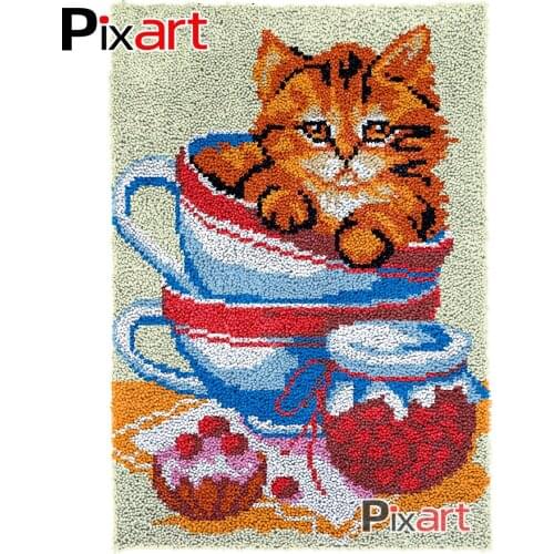 Latch Hook Rug Cat in a Cup Crocheting Wall Tapestry Kits DIY Carpet Rug Chunky Yarn Needlework Knitted Floor Mat Hobby & Crafts