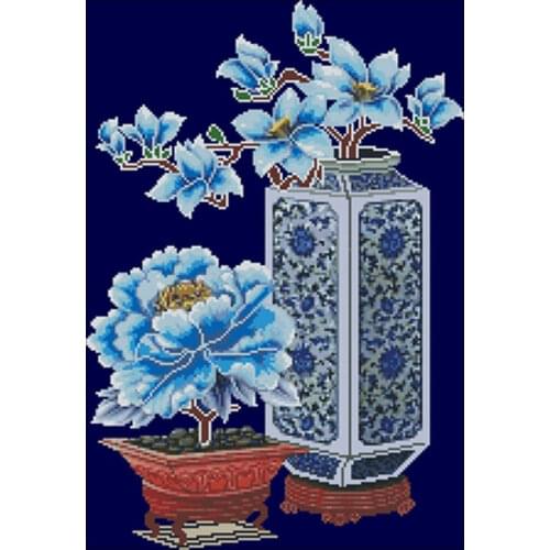 Blue tone peony magnolia bottle counted 11CT 14CT Cross Stitch Set DIY Chinese Cross-stitch Kits Embroidery Needlework Home Deco