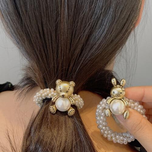 New Pearl Elastic Hair Bands Ties Women Girls Sweet Alloy Bear Rubber Headband Hair Ropes Fashion Hair Accessories Handmade Band