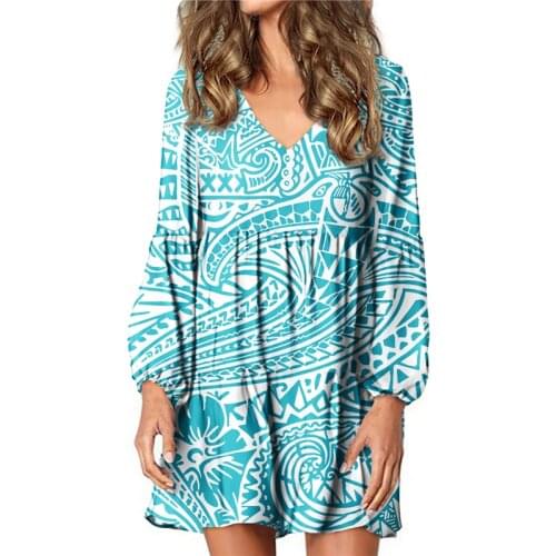 Hycool Summer Sky Blue Polynesian Tribal Print Women Long Sleeve Sexy V-Neck Dress Custom Casual Home Dresses For Pregnant Women
