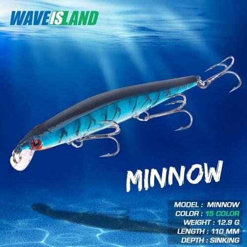 WAVEISLAND Fishing Lure Accessories 12.9g 110mm Minnow 0.9-1.8M Floating Trolling Baits Pesca Saltwater Pike Fish Tackle Carp