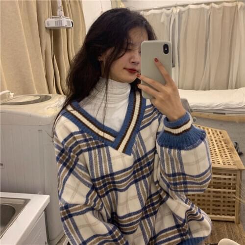 Chic Plaid Thick Sweatshirt Loose Autumn New Korean V-neck Tops Harajuku Simple Pullovers Fashion Casual Female Sweatershirt