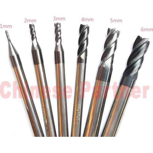 6pcs/lot 1mm,2mm,3mm,4mm,5mm,6mm hrc45 4Flutes Spiral Bit Milling Cutter Tools Carbide CNC Endmill Router bits