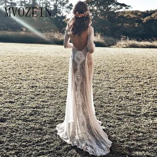 Vintage Mermaid Wedding Dress Long Sleeve Boho Wedding Dresses Lace Beach Bridal Dress Court Train Wedding Gown Transparent