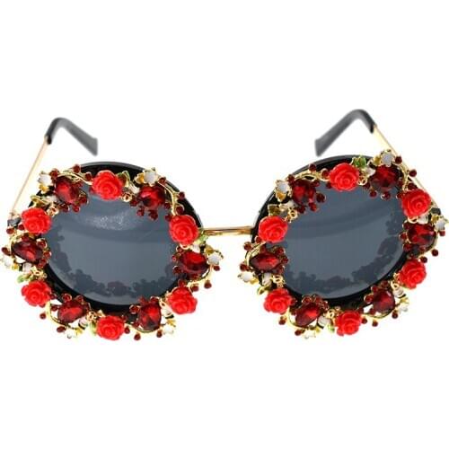Baroque Vintage Women Girls red flower Round Sunglass Retro Decor Floral Flower Sunglasses Summer Beach Glasses