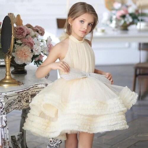 Yellow Baby Girl Dress Bow Puffy Dresses For Girls High Collar Bow Communion Dress Knee Length Flower Girl Dresses Kids Dresses
