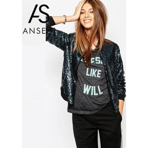 Anself Women Windbreaker Basic Sequin Coat Luxury Bomber Jacket Long Sleeve Zipper Streetwear Casual Loose Glitter Top Outerwear