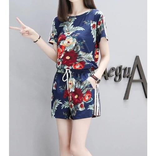 Summer Women Flower Printed Sets Short Sleeve Tops Drawstring Waist Shorts Suits Female Suit