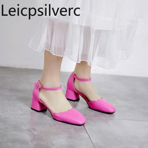 Pumps Spring and autumn new style Square head Shallow mouth Buckle Thick heel mid heel Womens shoe plus size 31-43