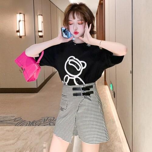 Awarose Women Summer Clothes Set Short Sleeve Round Neck Print T-Shirt Irregular Plaid Shorts Skirt Two Piece Female Casual Suit