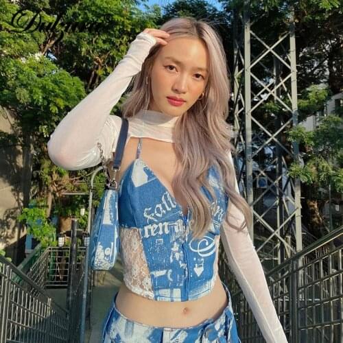 Dulzura Lace Patchwork Tie Dye Print Women Halter Crop Top Backless Bandage Zipper Streetwear Party Club 2021 Summer Cute