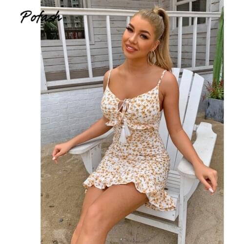 Pofash Orange Floral Print Mini Dress For Women Clothing Backless Ruffle Bodycon Summer Dresses Female Holiday Tie Vestidos 2021