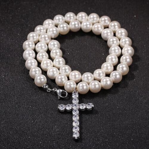 2020 Hip Hop Europe Hot Sale new Exaggeration Cross 8-10mm Pearl Necklace Pendant Fashion Ice Out Men And Women Jewelry