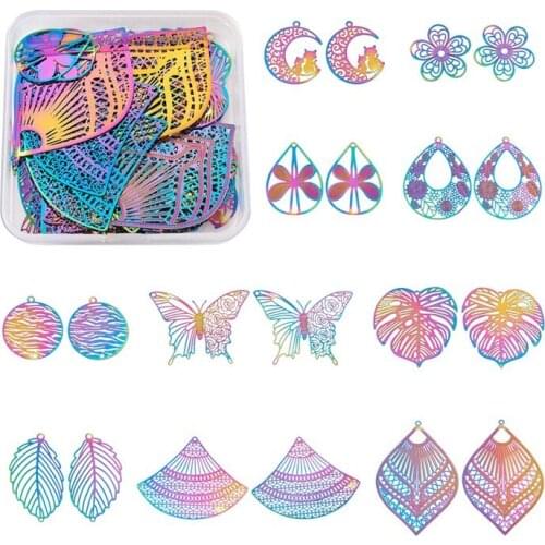 40pcs/box Stainless Steel Filigree Pendants Charms Etched Metal Embellishments Leaf Butterfly Flower for Jewelry Making DIY