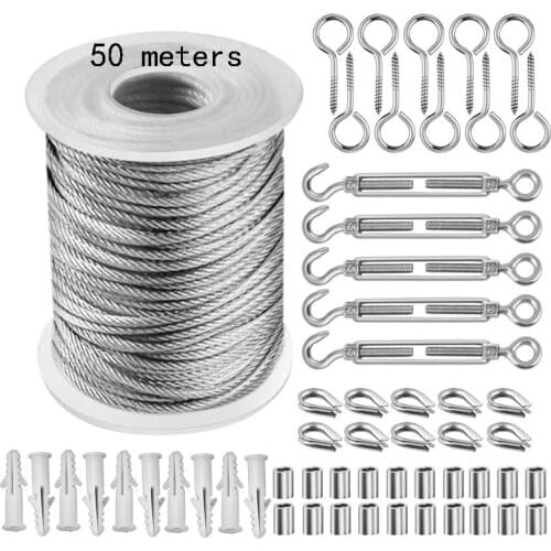 50 Meter 2mm Kit Steel PVC Coated Flexible Wire Rope Soft Cable Transparent Stainless Steel Clothesline Hook Screws Basket Bolt